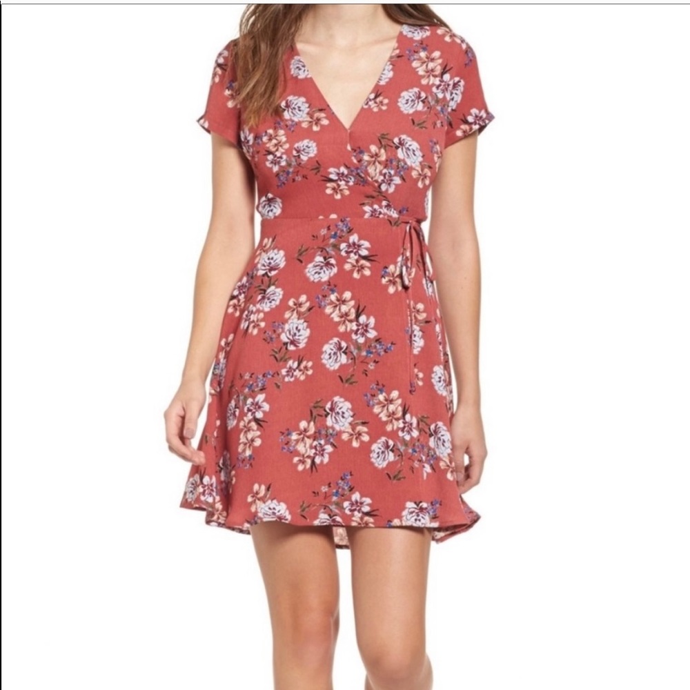 Lush Rust Floral Wrap Mini Dress